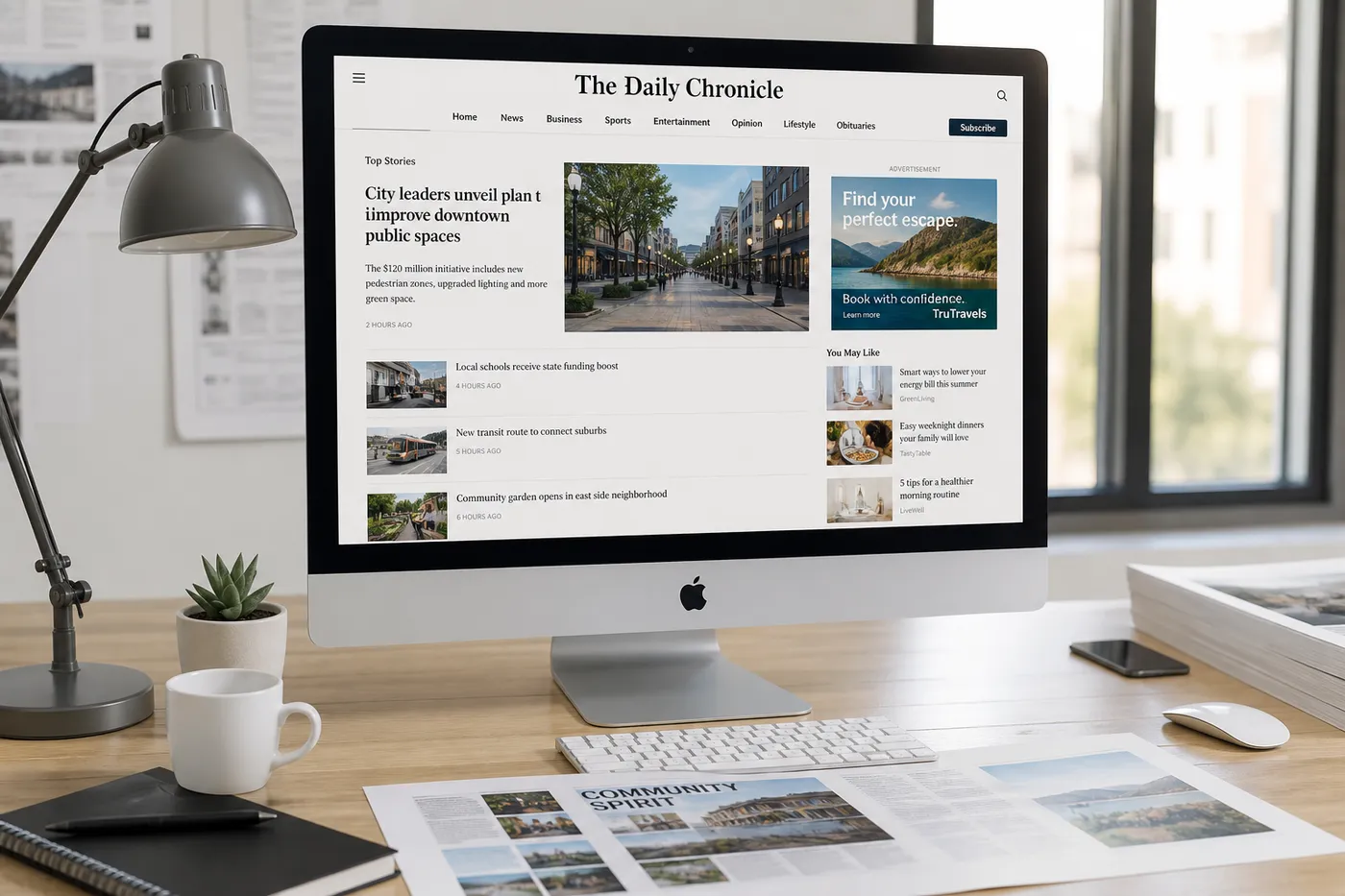 Publisher newsroom desk with a news homepage and advertising placements